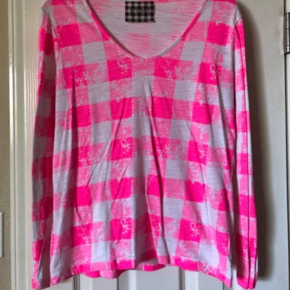 Neon Pink & White Checkered Long Sleeve Top Sz XL